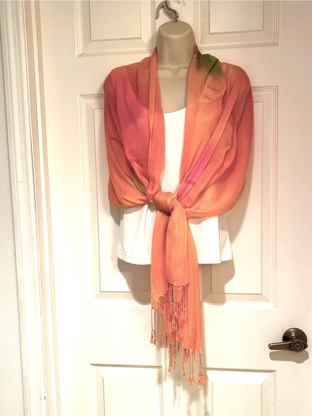 Orange Sheer Floral Hand Painted Fringed Shawl Scarf - Lightweight